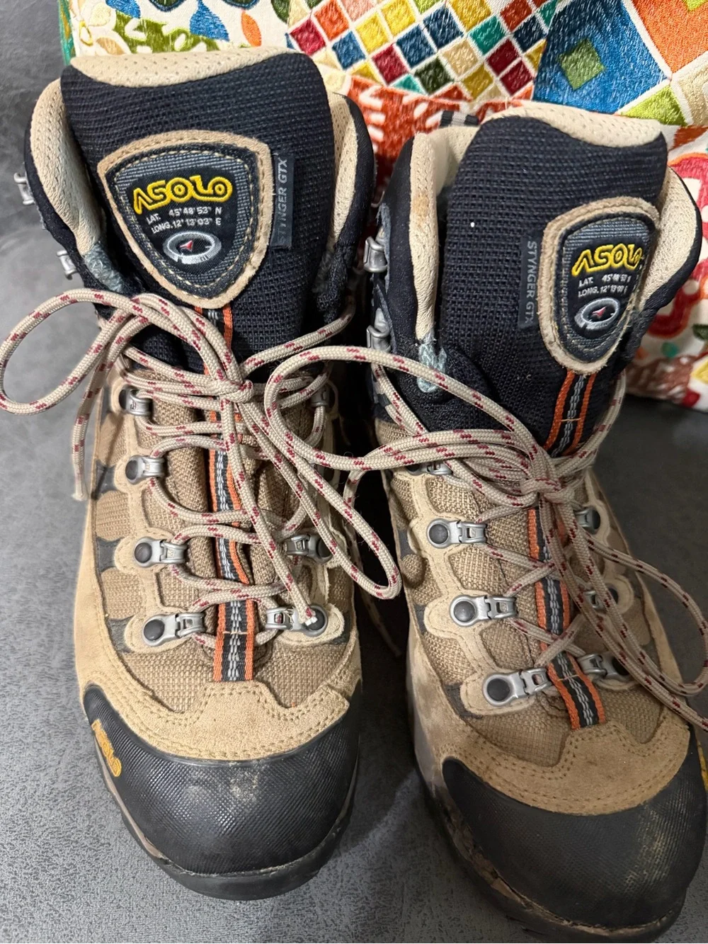 Asolo Woman’s  Tan and Black Hiking Boots with Orange Accents